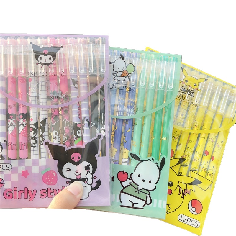 Sanrioed Cute Gel Pen 12pcs Kuromi Melody Cinnamoroll Pochacco Student Stationery Write Pens 0.5 Erasable School Kid Exam Tool