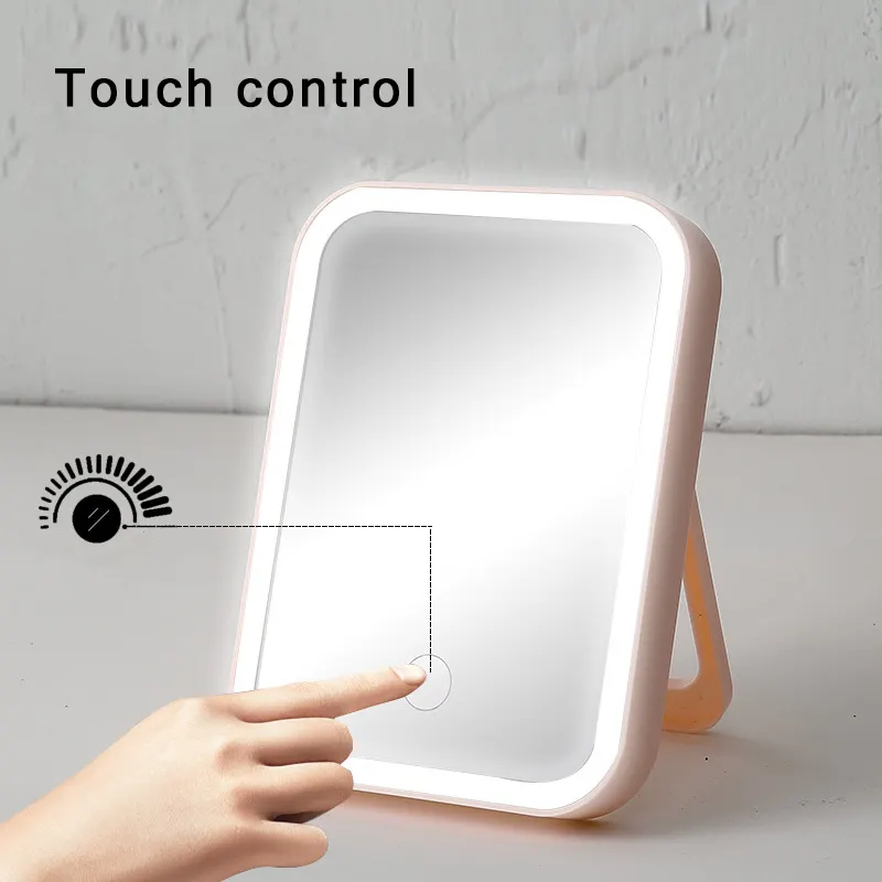Portable Desktop Ladies Rectangle table folding cosmetic make up mirror custom logo small lighted led makeup mirror with light