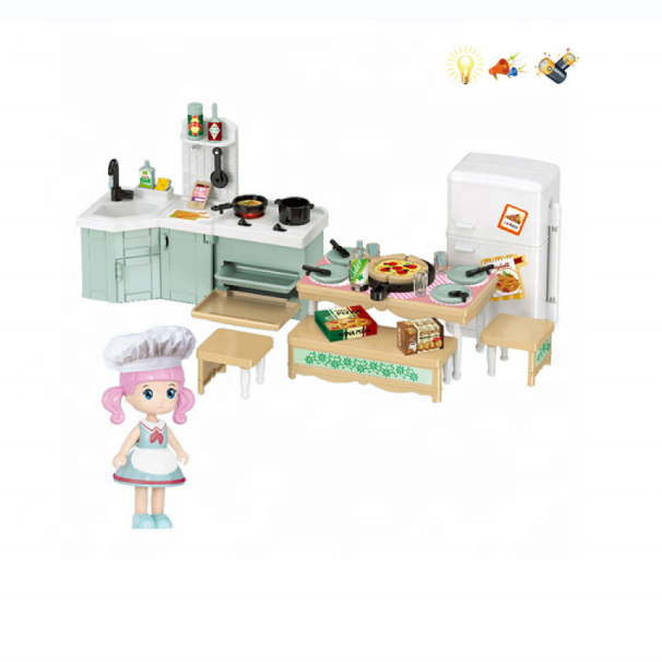 DIY kitchen dollhouse set Play House Set mini furniture dream cooking toys with music-light