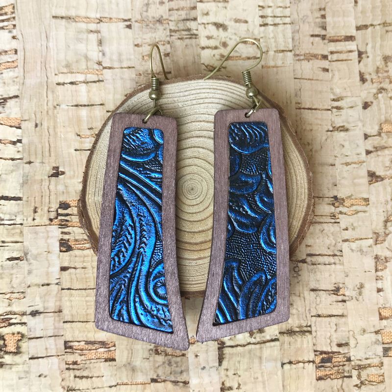 Wood Vintage Embossed Texture Leather Hoop Earrings Brief Style Boho Geethnic Style Western Cowboy Symmetrical Drop Earrings