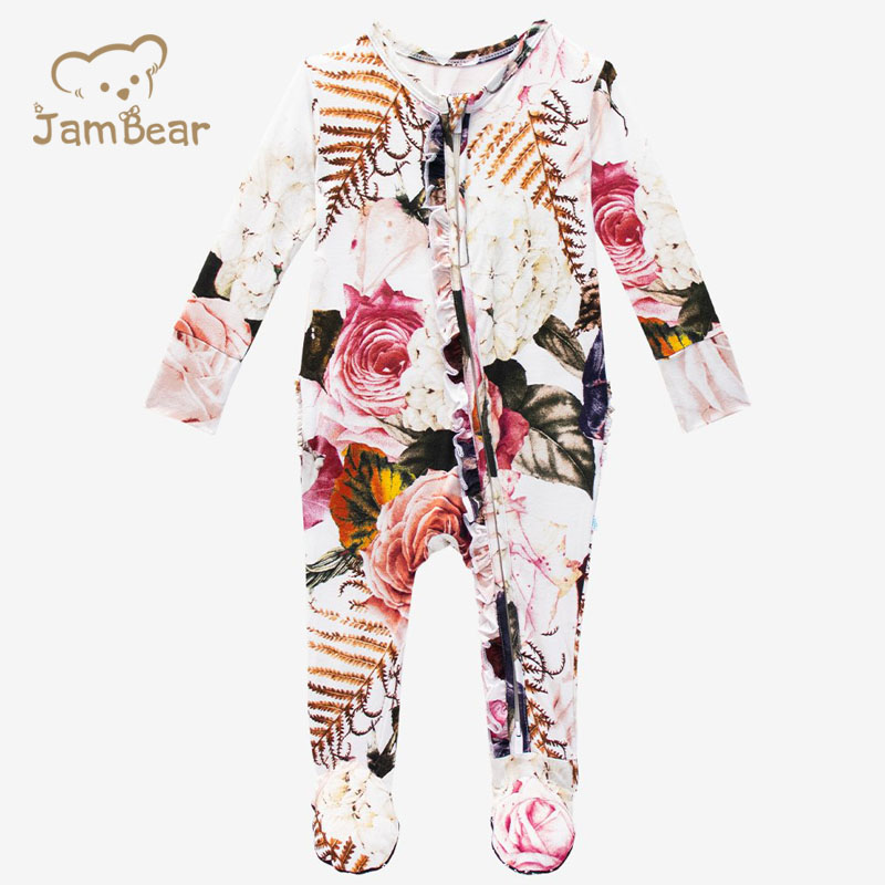Детские комбинезоны JamBear из органического бамбука, черная роза, с оборками, на молнии, Цельный Детский Цветочный комбинезон с оборками, пижама, комбинезон для сна
