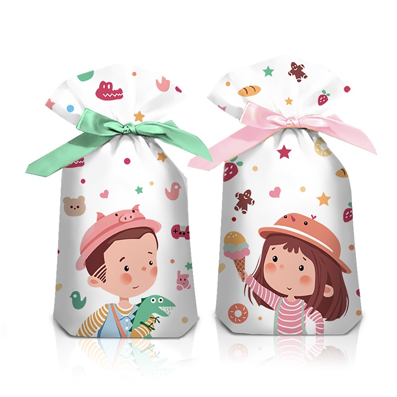 50 PCS Cartoon Cookie Candy Ribbon Drawstring Bags Recyclable Plastic for Baking Nougat Biscuit Other Treats for Children's Day