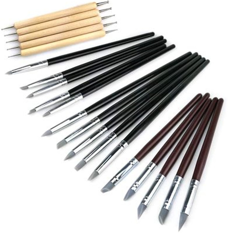 20 pcs pottery tools silicone clay accessories wooden double-headed point drill pen sculpture carving tools