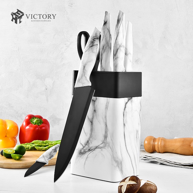 Nordic Style Kitchen Knife Set luxury Marble Pattern Handle Holder Stainless Steel Knives Set Kitchen Tools With Sharpener