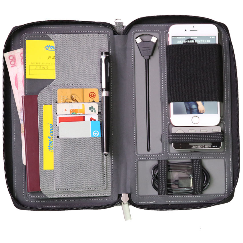 Business Travel Wallet Passport Card Holder Portfolio PU or Fabric Zipperd Folder Case Power Bank Portfolio with Cable Holder