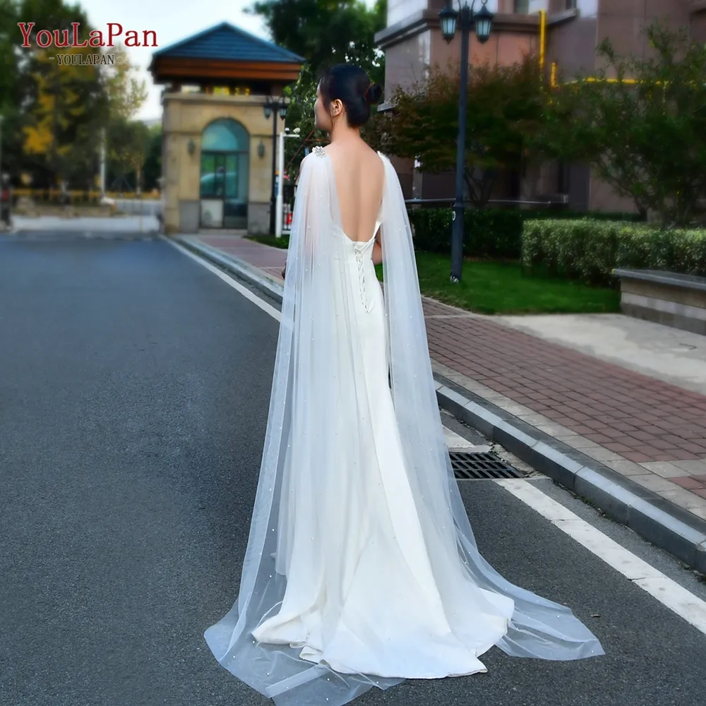 YouLaPan VG79 Pop Two Piece Wings Cape Detachable White Ivory Pearl Tulle Dress Shoulders Wedding Bridal Shawl