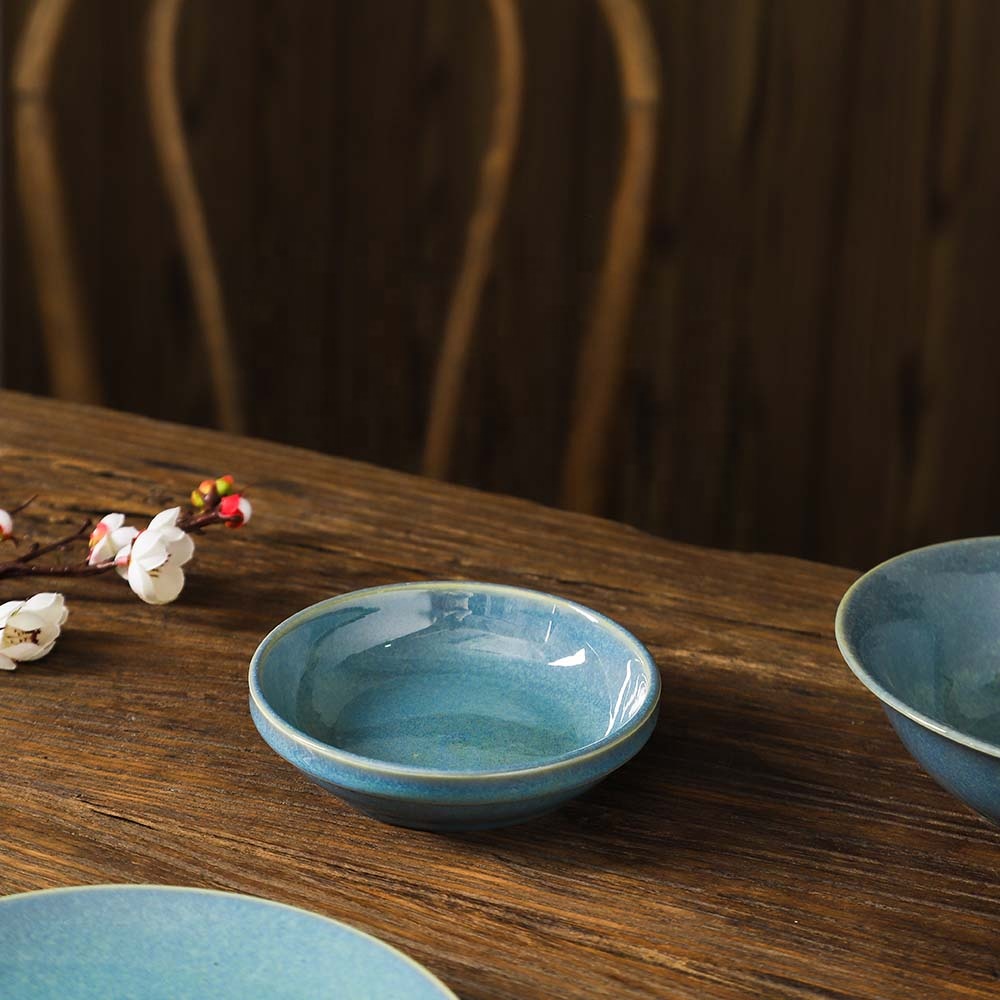 5pcs High Quality Western Hotel Restaurant Use Ceramic Dinnerware set with Popular Blue Reaction Colored Glazed