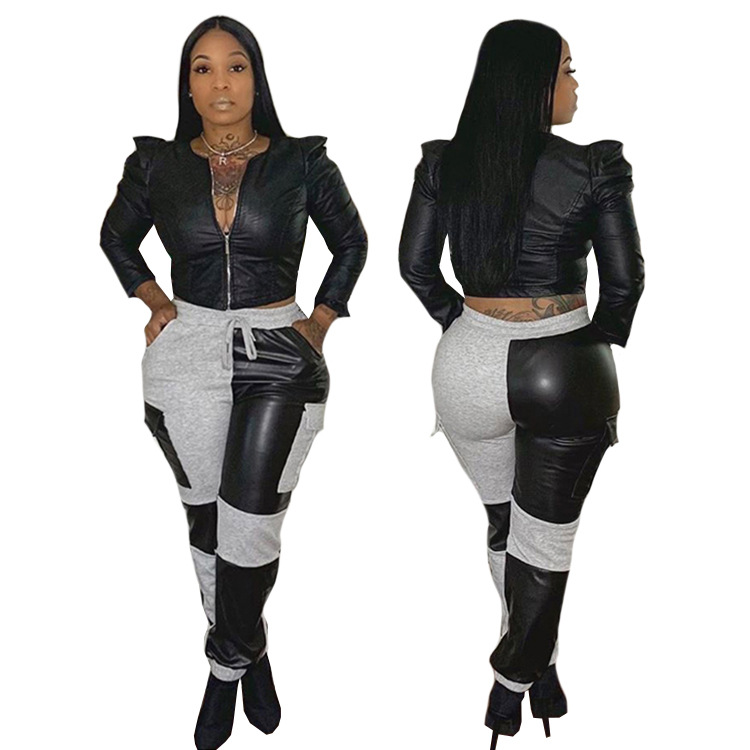 Fall 2021 Women Clothes PU Leather Splicing High Waist Sport Gym Sweatpants Plus Size Women Casual Trousers