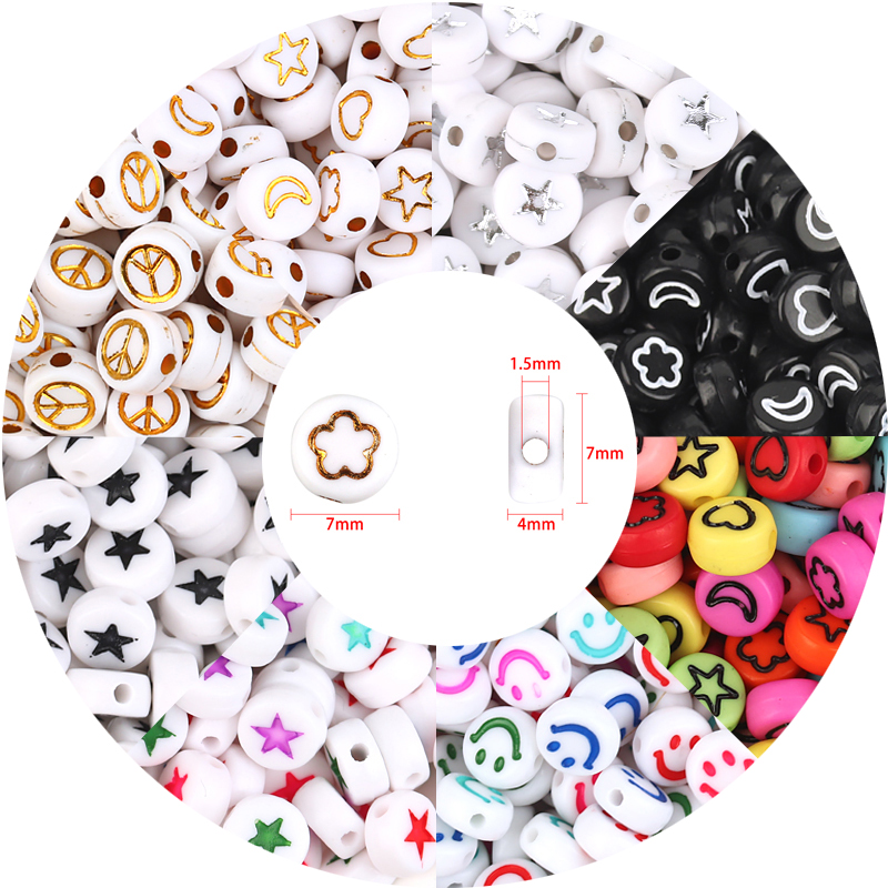 100pcs 7mm Flat Round Star Heart Smile Mixed Acrylic Plastic Round Spacer Loose Beads For Jewelry Making