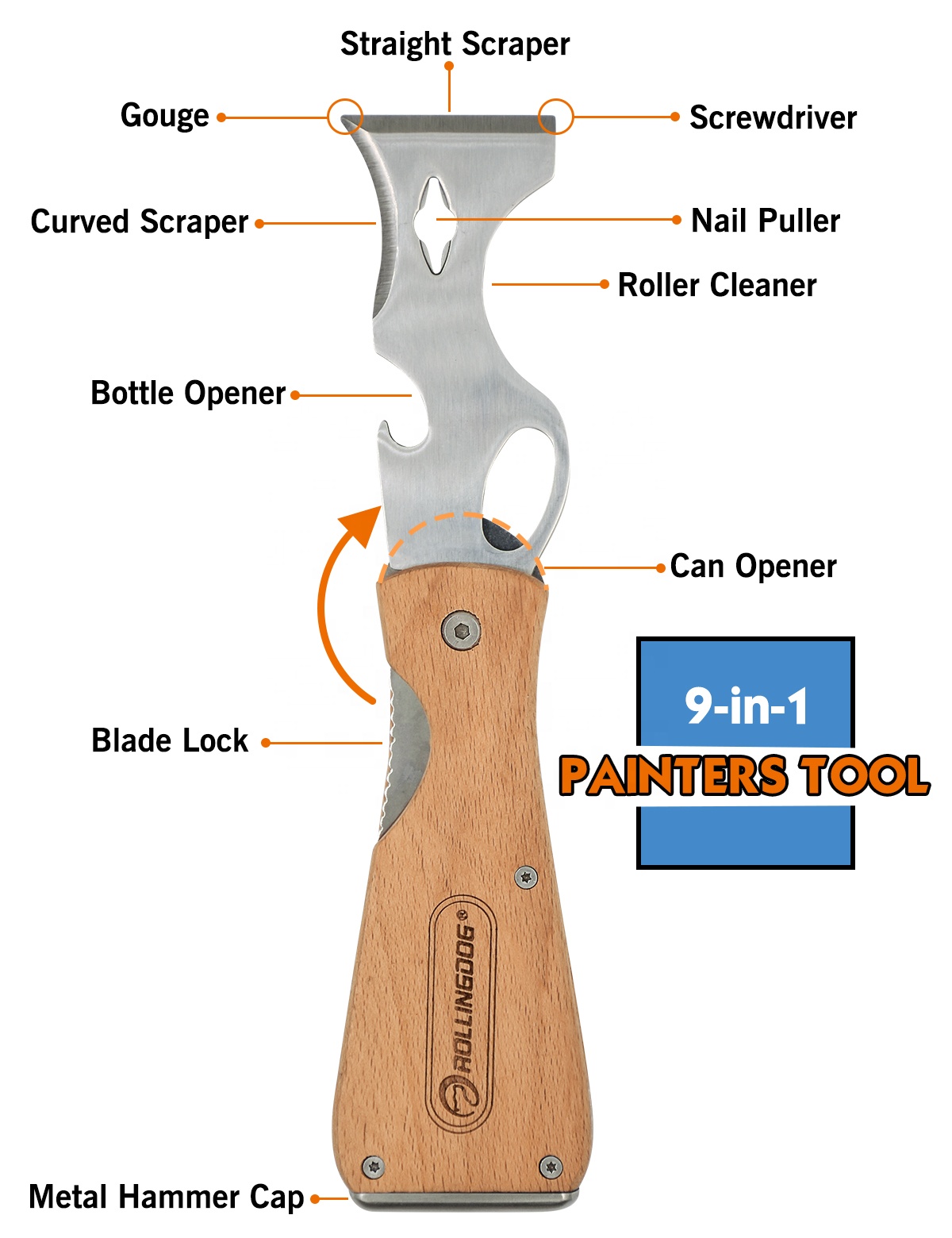 Beech wood handle 420 stainless steel blade Folding Multi-Function spackle Tool paint brush cleaner putty knife painters Tool