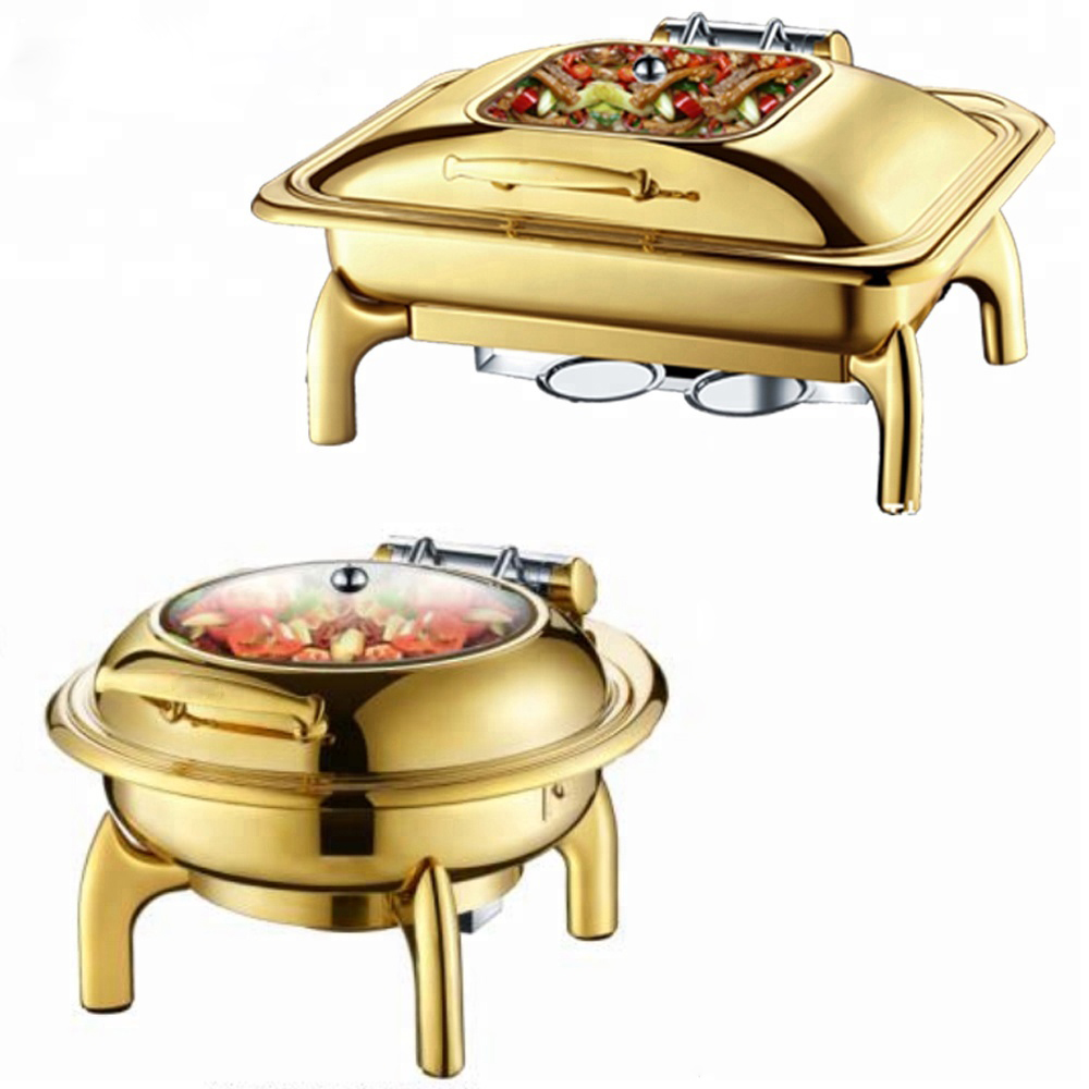 Luxury hotel food warmer stainless steel catering buffet set copper gold chaffing dish for Restaurant hotel