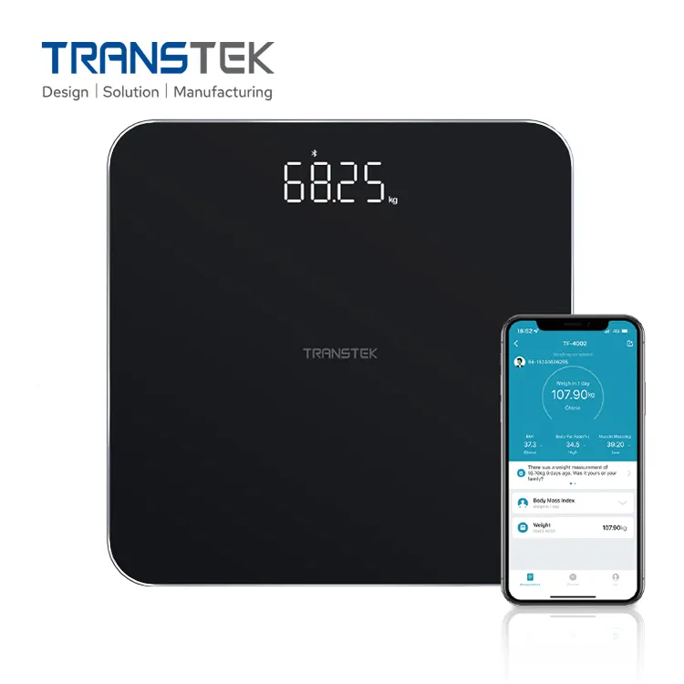 TRANSTEK 180kg LED Display 6mm Tempered Glass Human Body Bathroom Floor Electronic Digital Smart Weight Scale with Tuya App