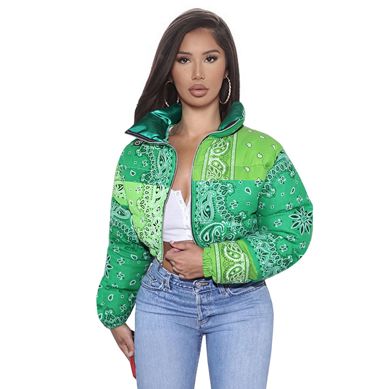 Bandana Plasily National Print Bubble Jacket for Women Winter Fashion Clothes Color Match Warm Parkas Zipper Up Puffer Outerwear