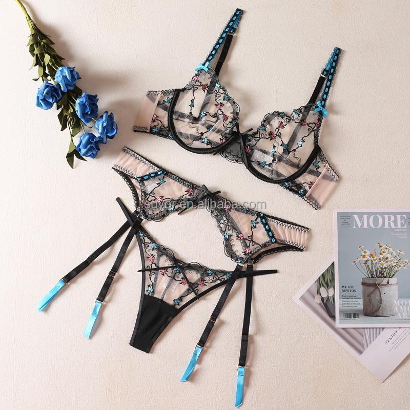 Fun Sexy Women's Lingerie Set Embroidered Garter Belt Lace Decoration Steel Ring Seamless Solid Pattern Split Shaping Features