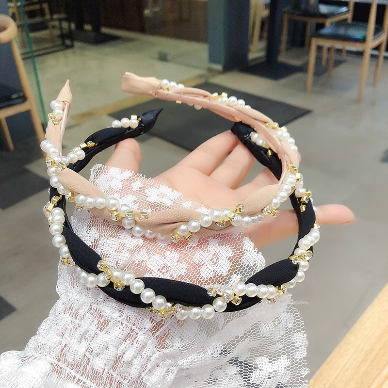 New Fashion Rhinestone Hairband Women Solid Wide Side Pearl Headband Middle Knot Turban Girls Hair Accessories Headwear