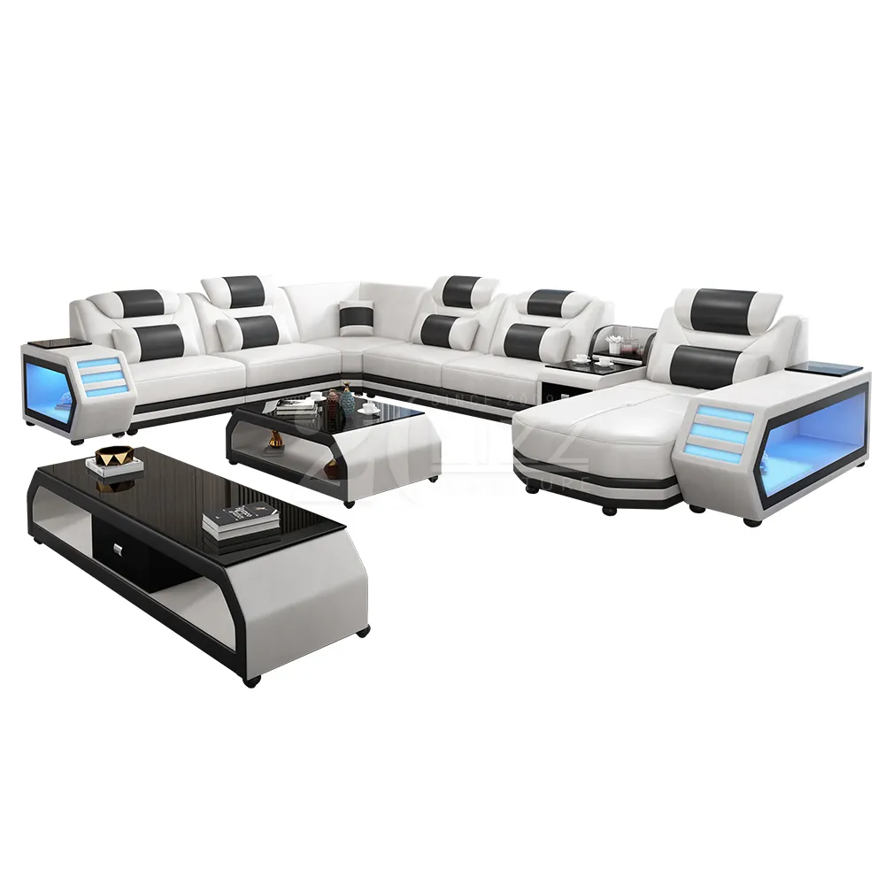 European Modern Living Room Furniture Leisure Genuine Leather Sectional Corner LED Sofa