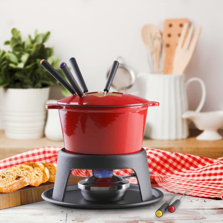 Fondue Pot Set - Chocolate Fondue Kit - Temperature Control, Detachable Serving Trays, & 6 Roasting Forks - Gift Set