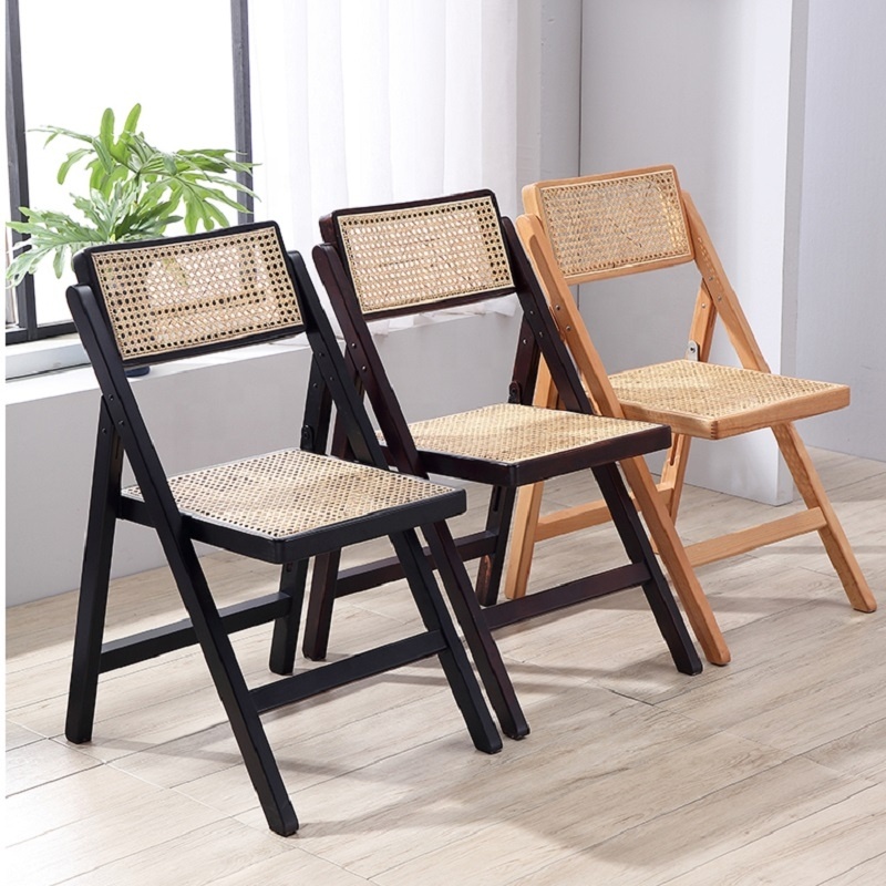 Nordic Solid Wood Indonesia Rattan Cane Wicker Living Room Dining Wood Furniture Folding Chair