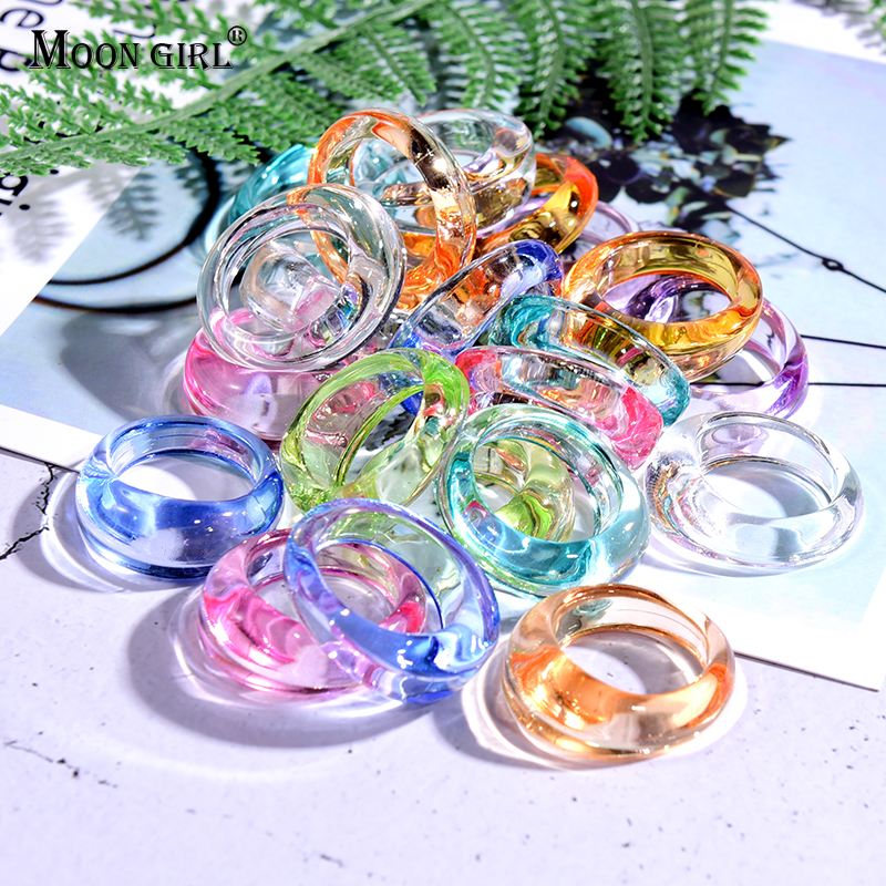 Fashion Acrylic Resin Trendy Round Friendship Ring for Women Jewelry Girls Summer Party Gifts 10Pcs Random Transparent Ring Set