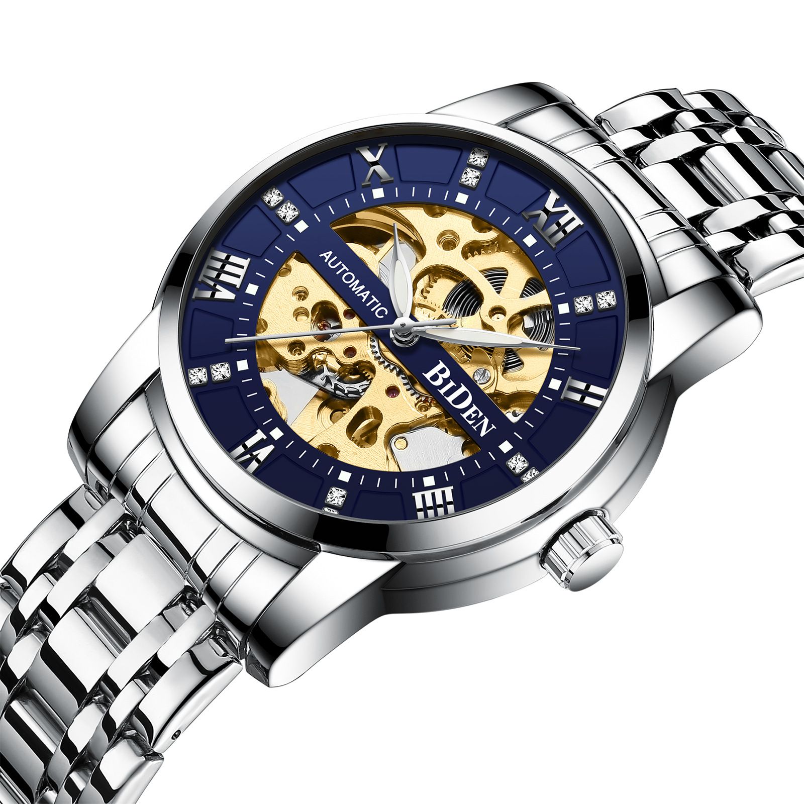 Automatic Hollow Curved Design Watch Steel Belt Waterproof Fashion Luminous Mechanical Men Watch