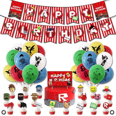 Amazon Hot Sell Roblox Game Theme Birthday Party Decoration Happy Birthday Banner Roblox Latex sequined Balloon With Cake Topper