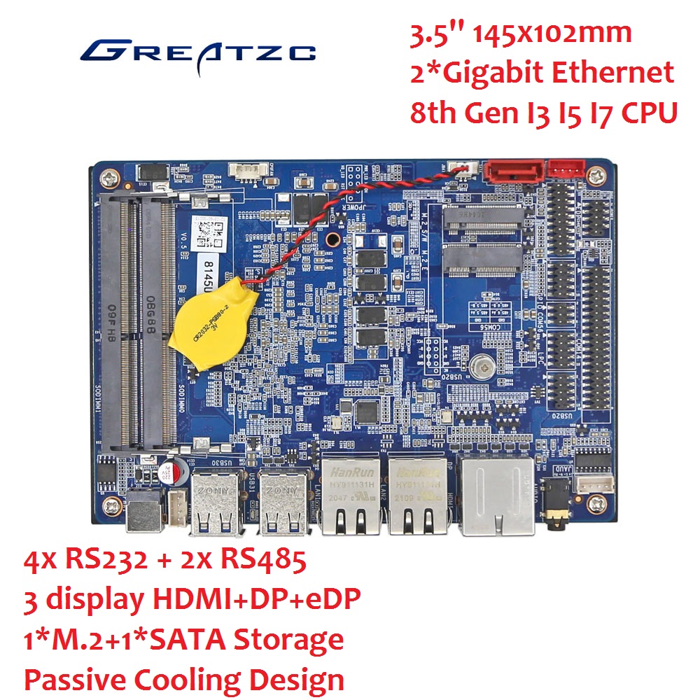 Fanless Design 2 lan Ports Single Board Computer 2 RJ45 2 Memory slot Support 4K single board computer