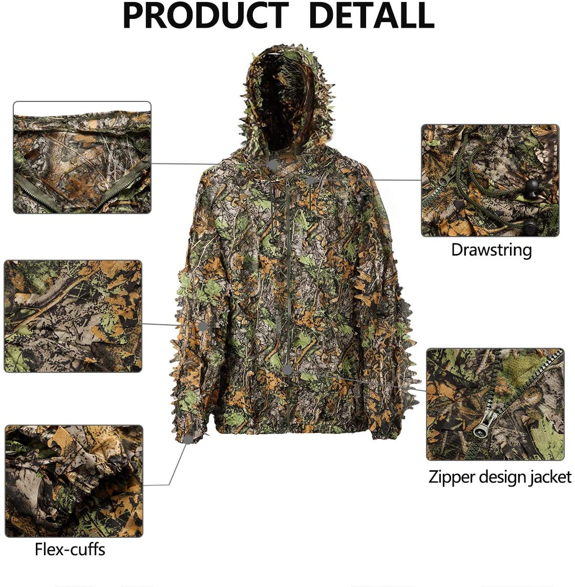 FLYFIT Woodland Camo Hunting Suit Camouflage 3D Leaf Military Hunting Sniper Ghillie Suit