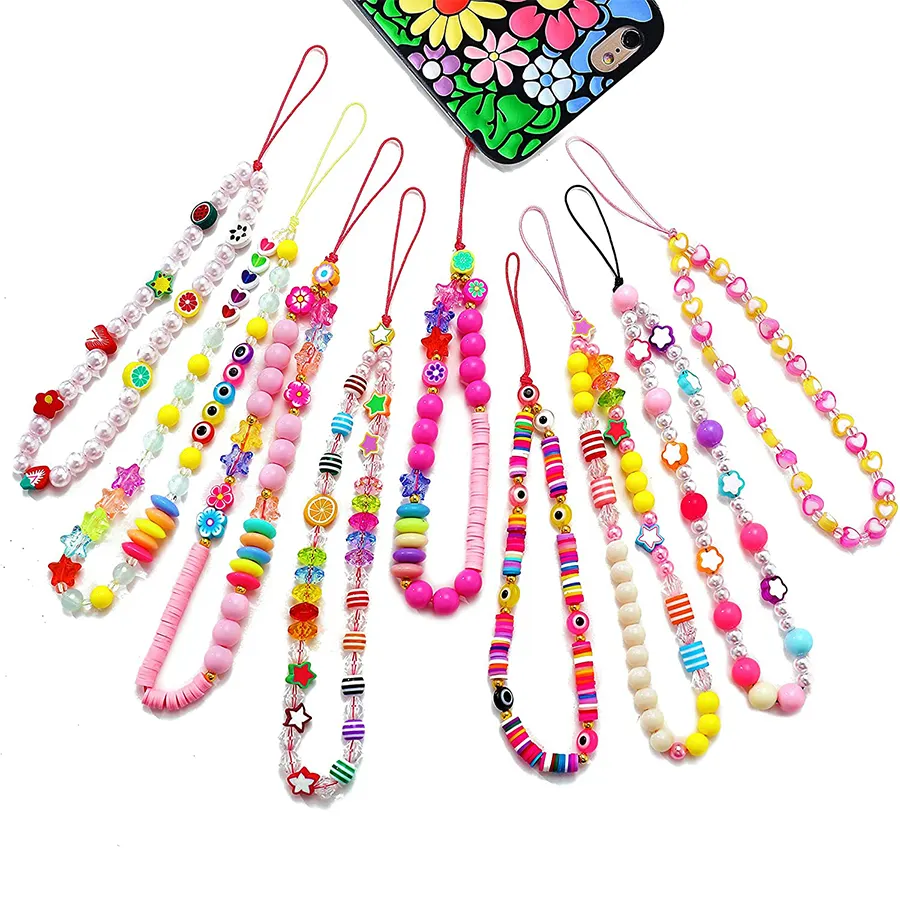 Wholesale Phone charms For Women phone strap lanyard Rainbow Decoration Summer Beaded Jewellery Beautiful Mobile Phone Chain