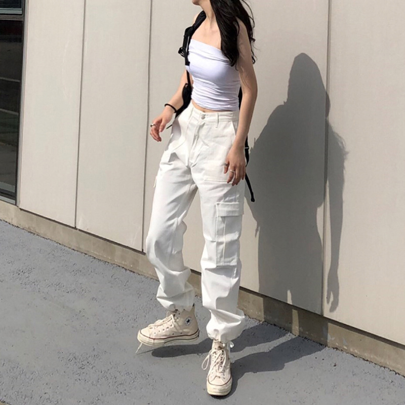Casual Solid Loose Cargo Pants Women Street wear Drawstring Women' Trousers High Waist Pants Joggers