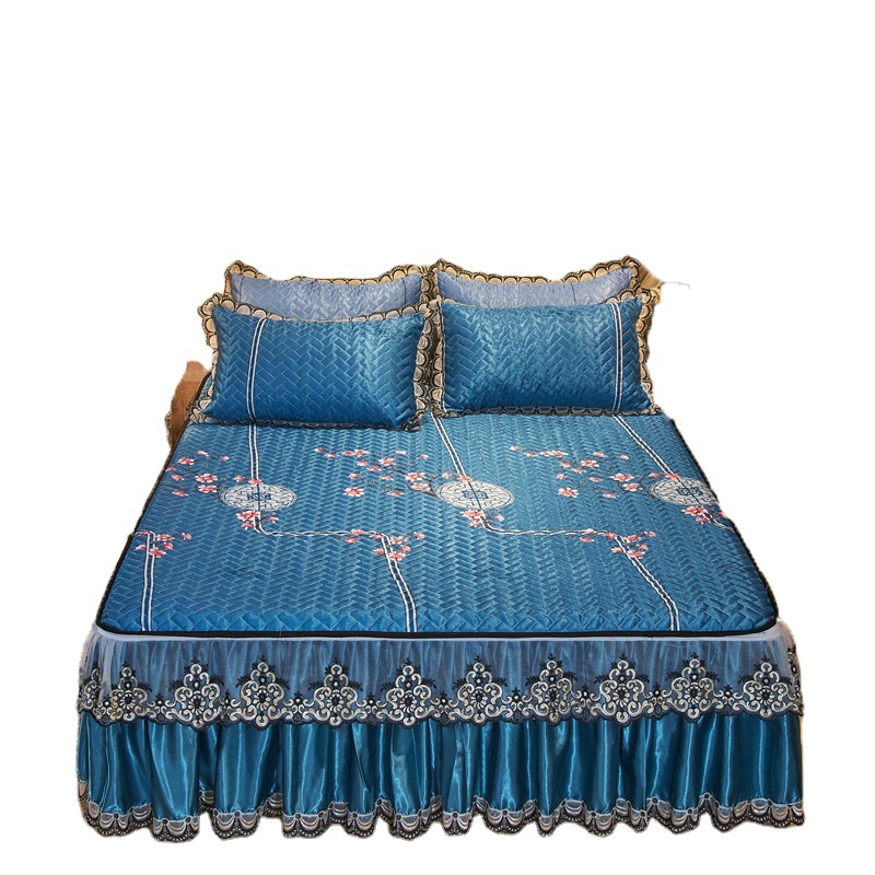 900D ice silk mat bed skirt set luxury lace embroidery bedspread cool summer ice feeling bedding set quilting process bedsheet