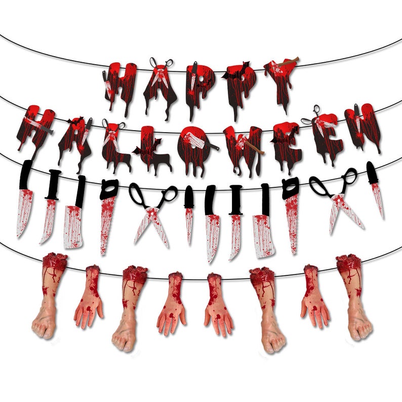 2021 New Design Halloween Decoration Banner Paper Flag Party Blood Weapon Garland Banner Props