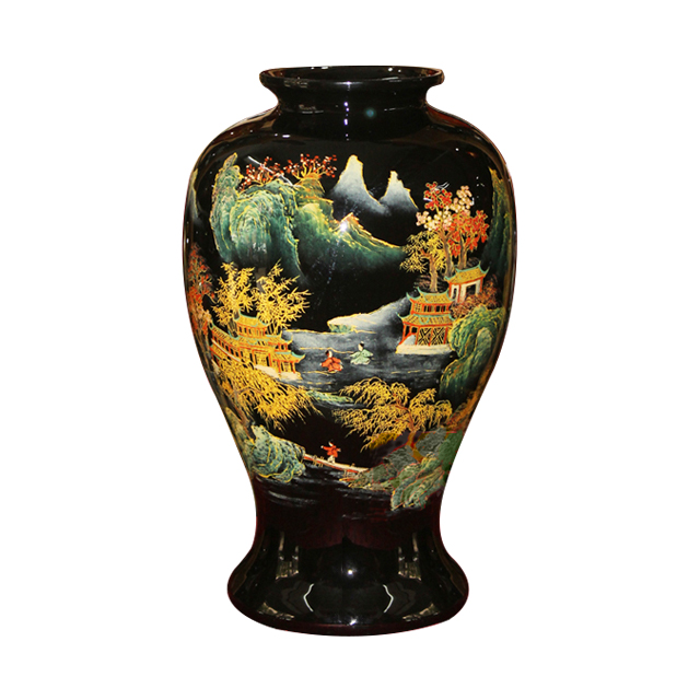 Black Lacquer Oriental Hand Painted Chinese Painting Landscape Vase Art Porcelain Vase