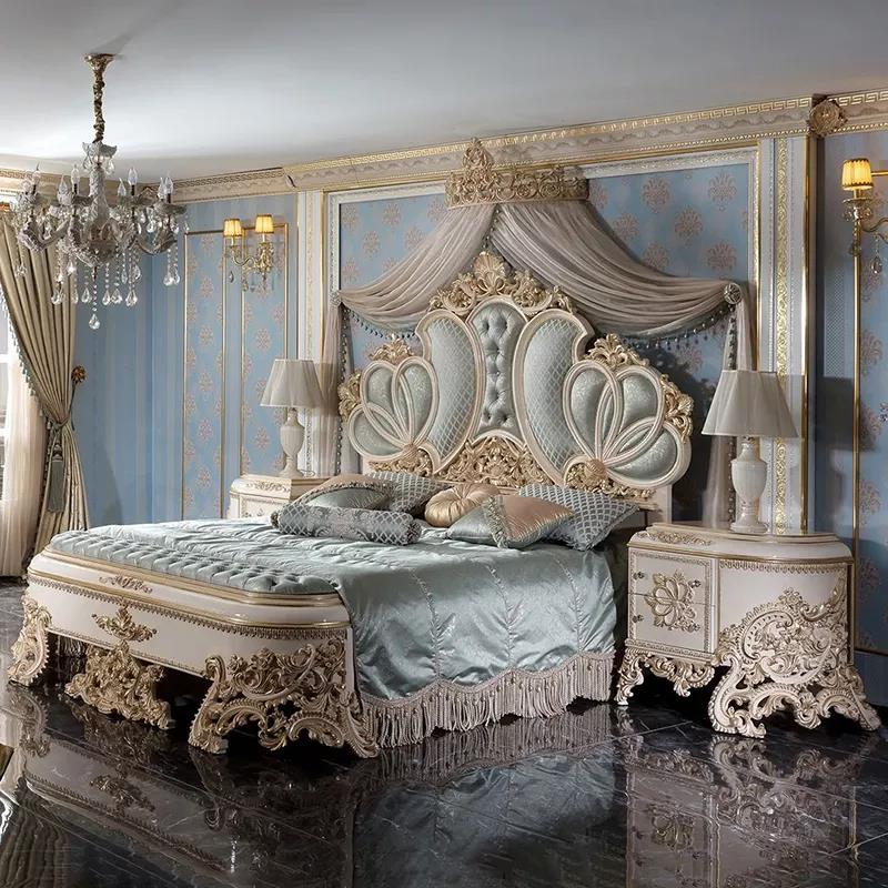 European Antique Luxury Girl Room Furniture Set, Classic Rustic King Wood Bed, King Size Frame, queen Bed, Mirror Bedroom
