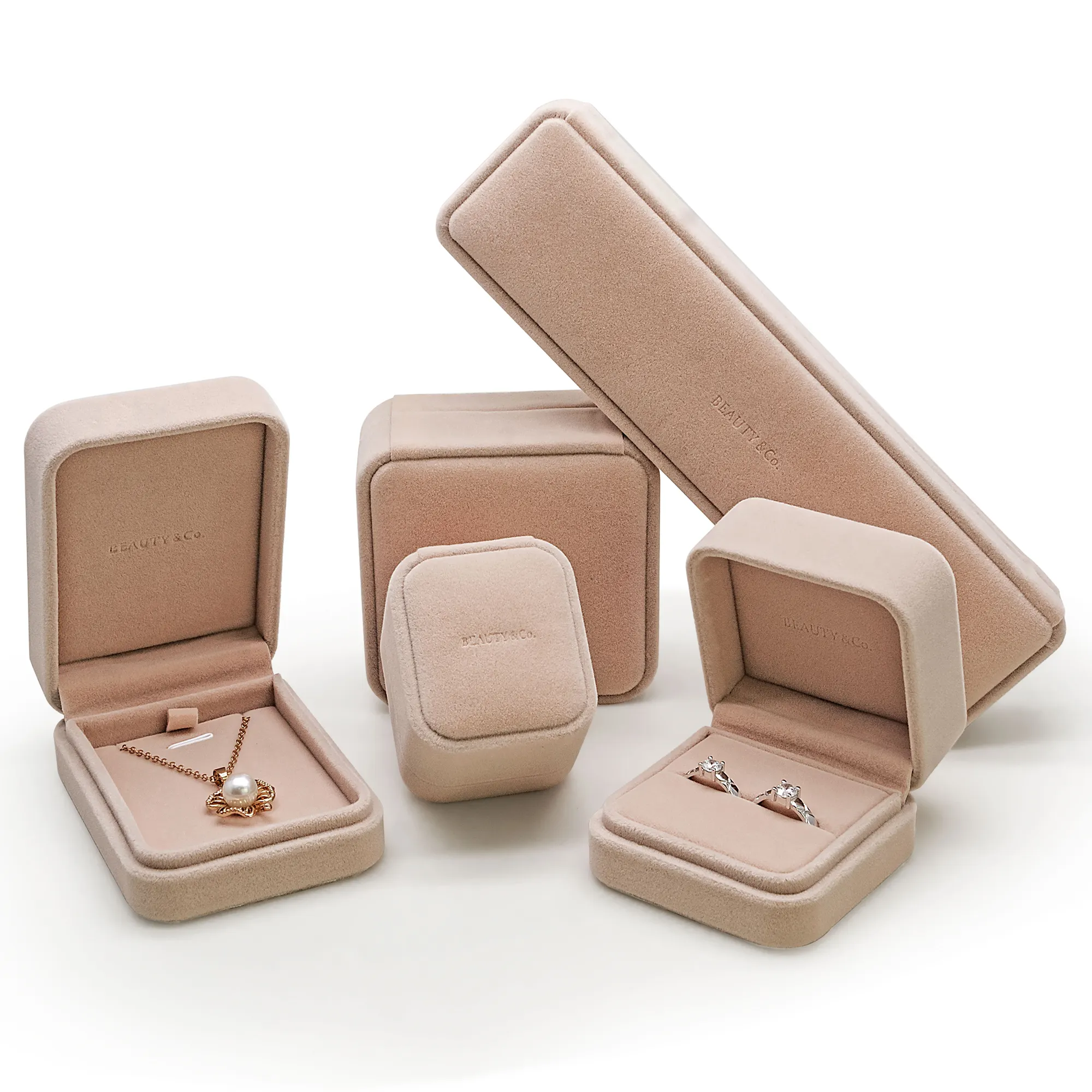 Custom logo velvet ring bracelet earring necklace ring packaging pink jewelry box