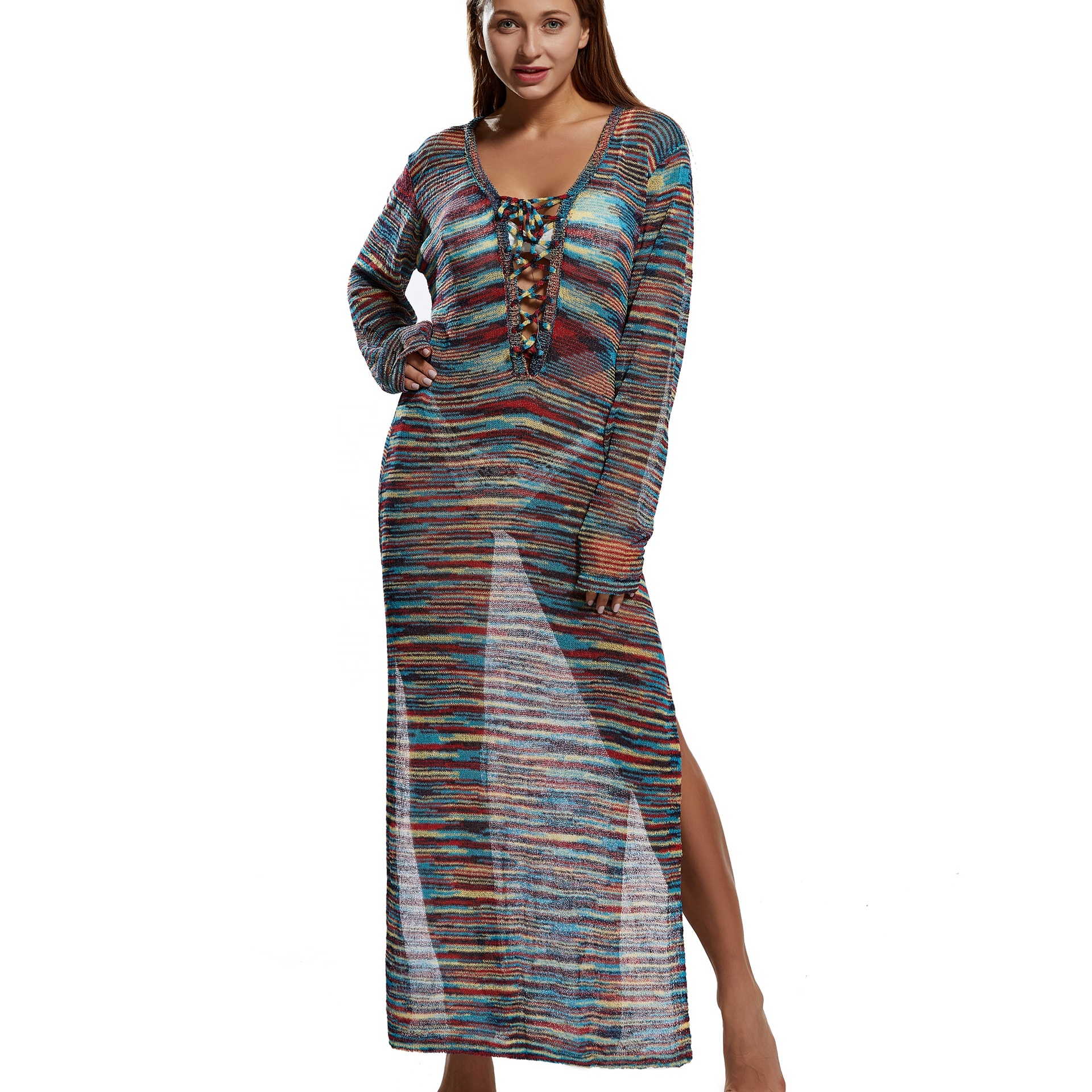 Cover Up Beach Dress Summer Women Beach Wear Front Cross String Beach Cover Up Long Sleeves