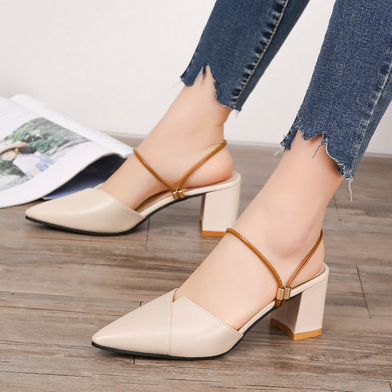 2021 spring and summer new sandals female pointed toe two wear thin and cool half drag thick heel women's shoes