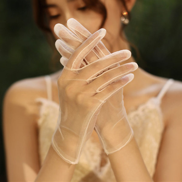 Solid Color Transparent Full Finger Mittens Sexy Sheer Tulle Gloves Ultra Thin Women Short Gloves Etiquette Gloves