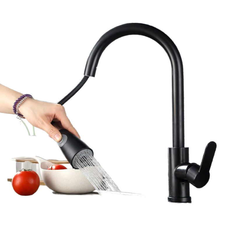 Pull-out hot and cold water faucet black kitchen dish basin stainless steel telescopic swivel sink faucet household