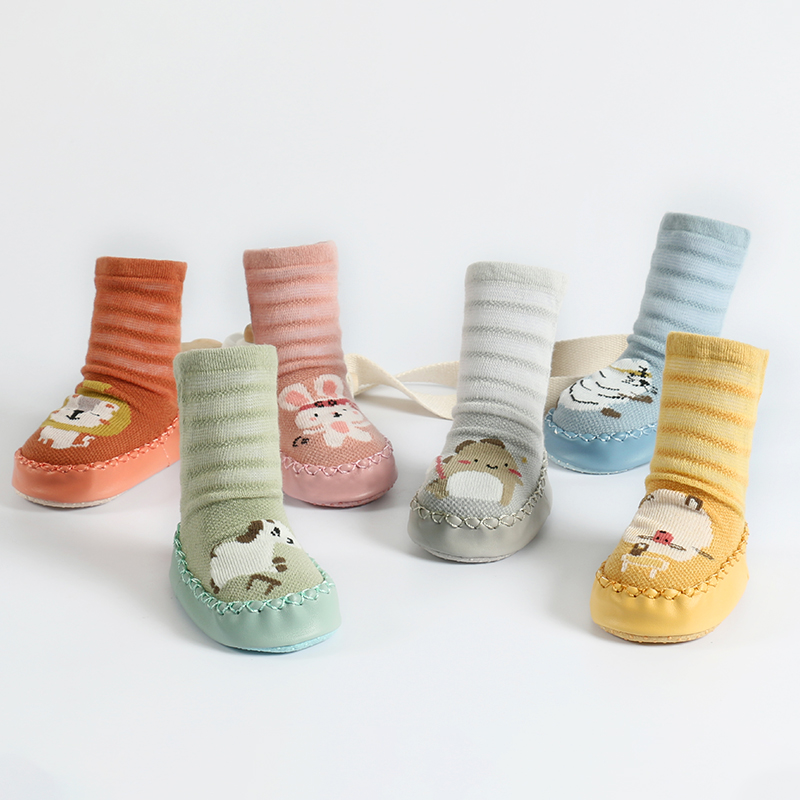 Thin cotton breathable cartoon baby shoes socks for infants and toddlers mid tube leather anti slip sole socks
