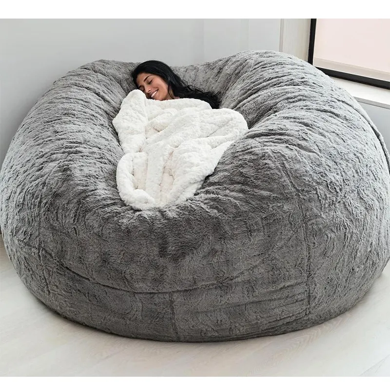 (NO Filling)Dropshipping 7ft Fur Giant Beanbag Cover Soft Fluffy Faux Fur big Round Bean Bag Lazy Sofa Bed Living Room Furniture