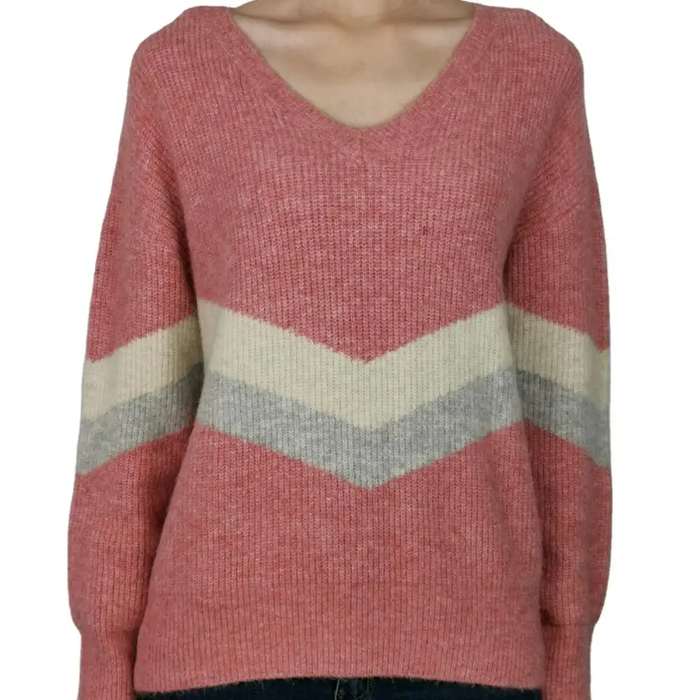 Striped V Neck Solid Pink Jacquard Cozy Comfortable Merino Wool Cashmere Winter Knit Women Sweater Pullover