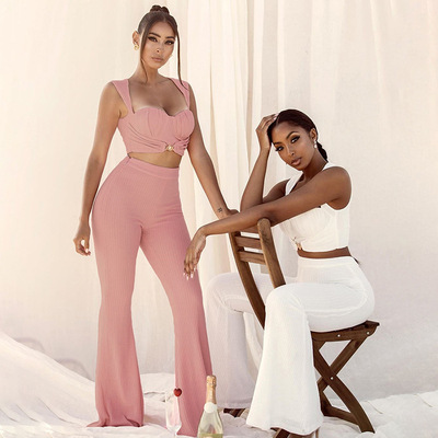 2021 sexy knitting spaghetti straps sleeveless mid-waist wide legs 2 piece pants set women