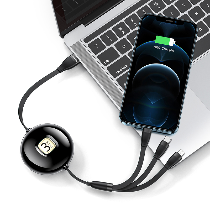 USAMS 3 In 1 Usb Retractable Cable Multiple Quick Charging With Lighting Type C Micro Usb cable