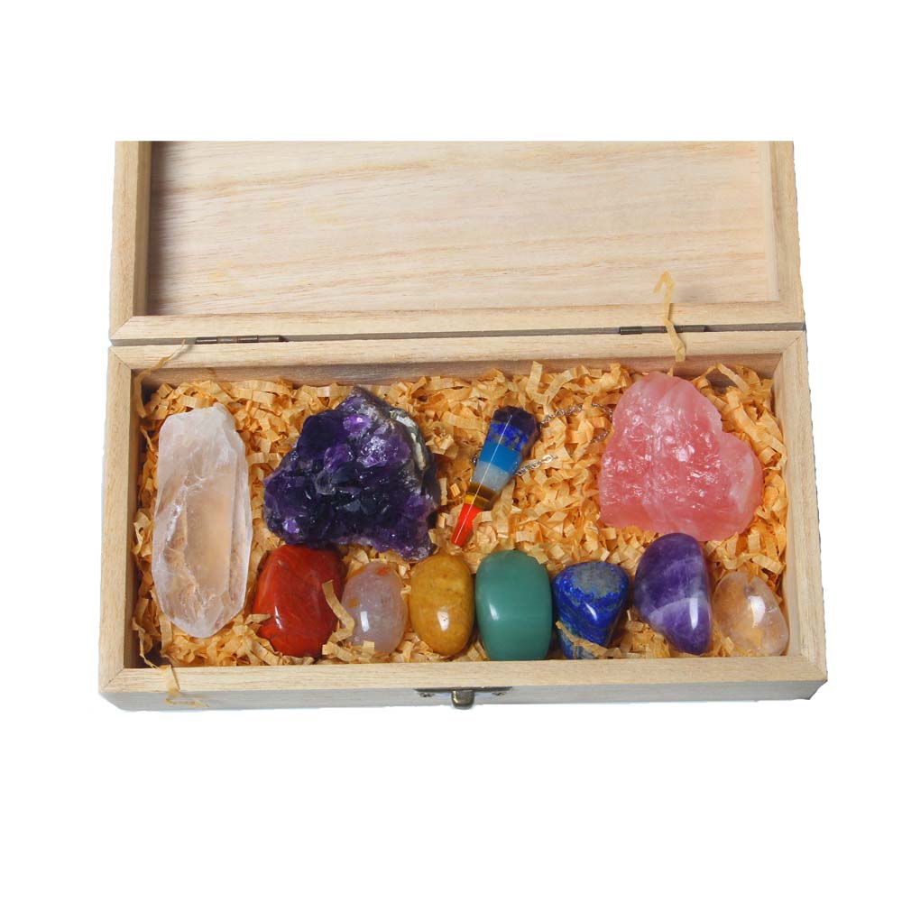 Wholesale natural crystals healing stone wood box set 7 chakra stone gift decoration