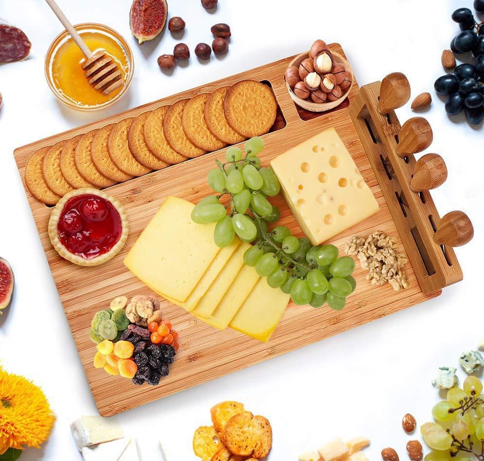 Wooden bamboo Serving cutting Tray table chess board platter with Knife Shaver Fork Spreader Cutlery Set