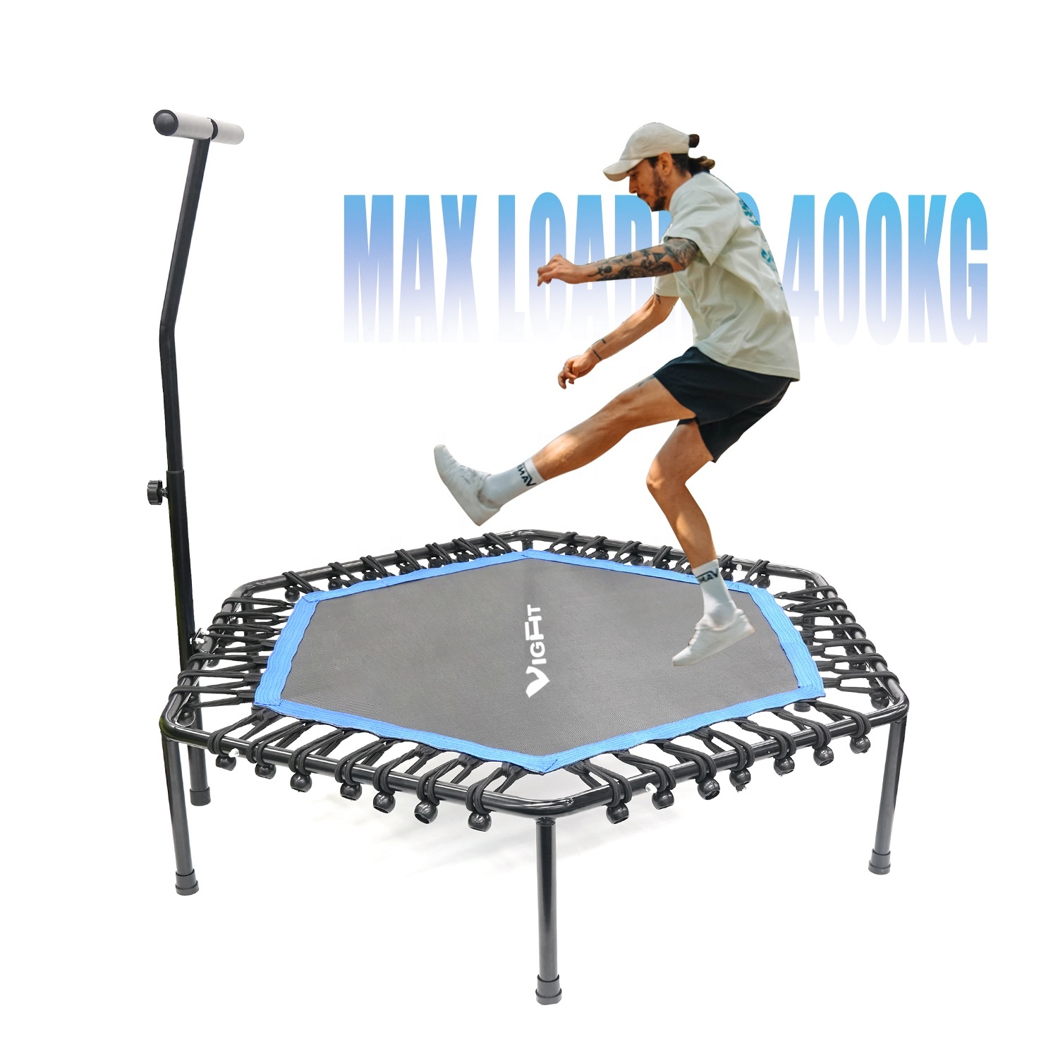 Diagonal 50-inch Hexagonal Fitness Trampoline With Handrail Mute Bouncing Trampoline For Indoor Home Use