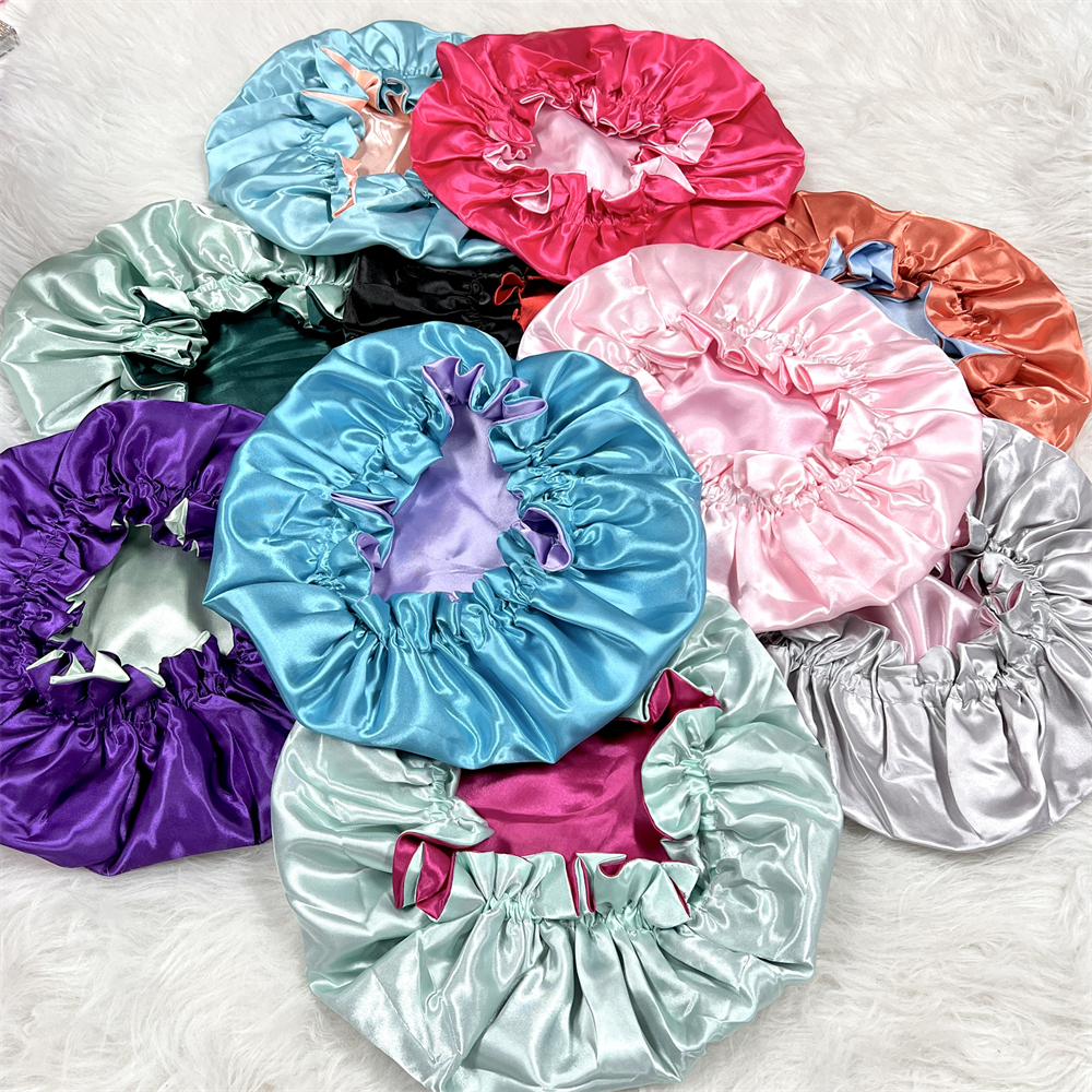No Logo Soft Satin Bonnet Silk Sleeping Shower Cap double sided reversible bonnet