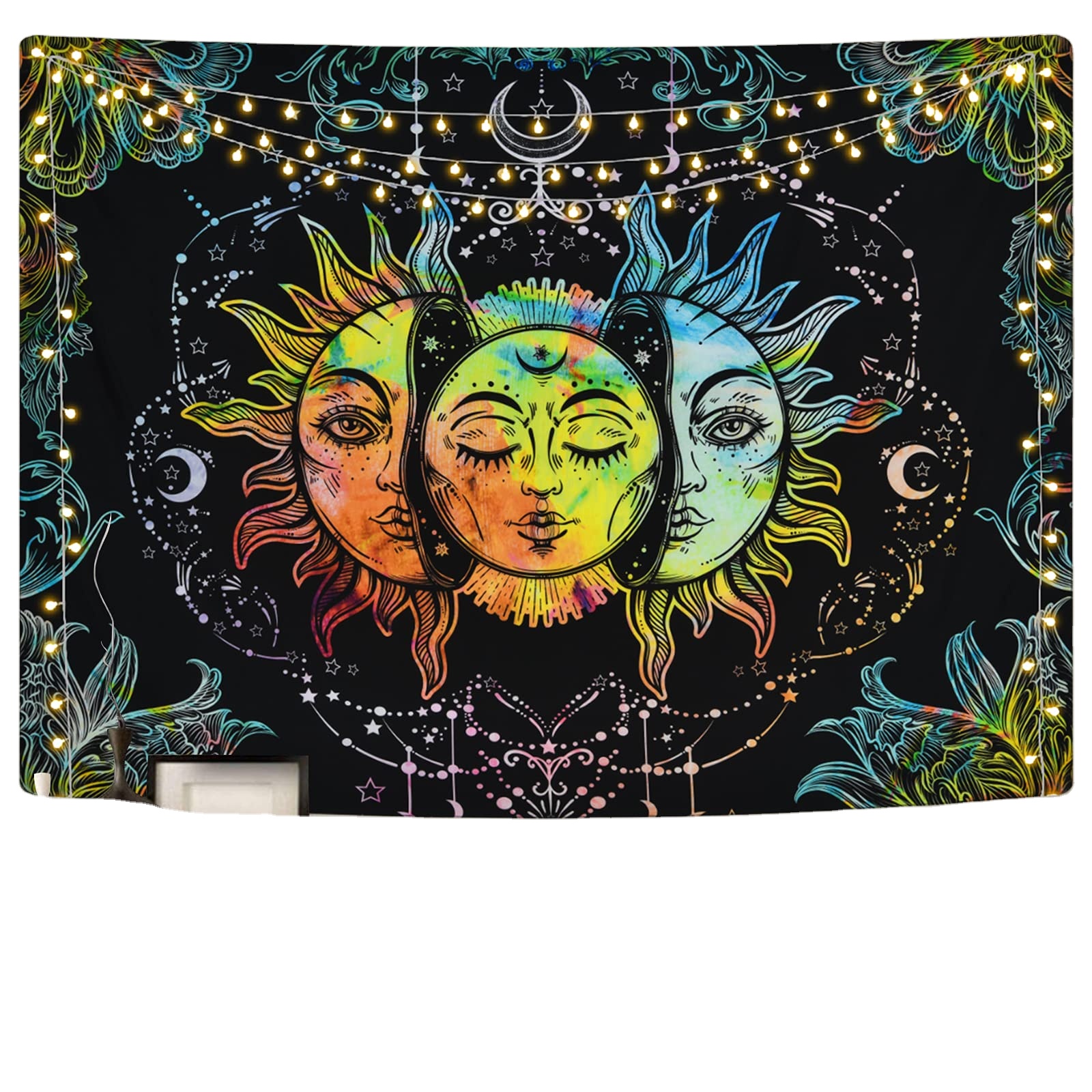 Amazon Hot Sale Custom Print Psychedelic Wall Tapestry Black Colorful Wall Hanging Sun and Moon Tapestries