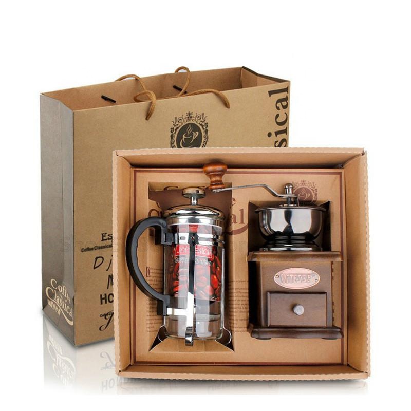 Wholesale Amazon Coffee Accessories Gift Box Wood Manual Coffee Grinder with 350ml Glass French Press