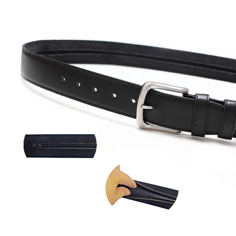 TXL386 Men Zipper Wallet Belt Fashion Casual Faux Leather Belt Waistband PU Inner Clip Anti-theft Zipper Pin Buckle Waist Belts